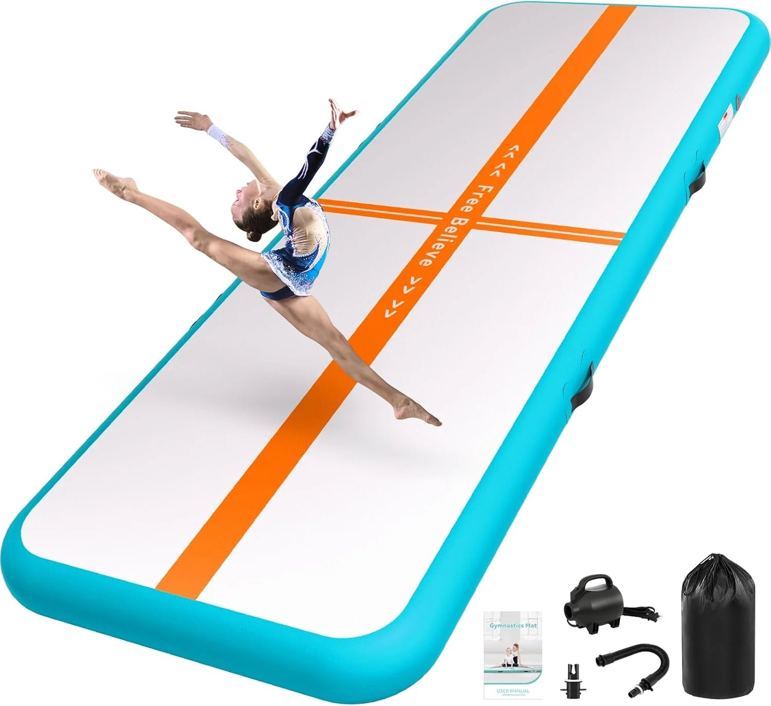 Gymnastikmatta längd 2/3/4/5/6 m, 10/15 cm tjock, med elektrisk pump 600 W, tumlande matta, uppblåsbar gymnastikmatta för hemmet, gymmet, utomhusbruk, fitness, yoga(blue + orange/500x100x10cm)