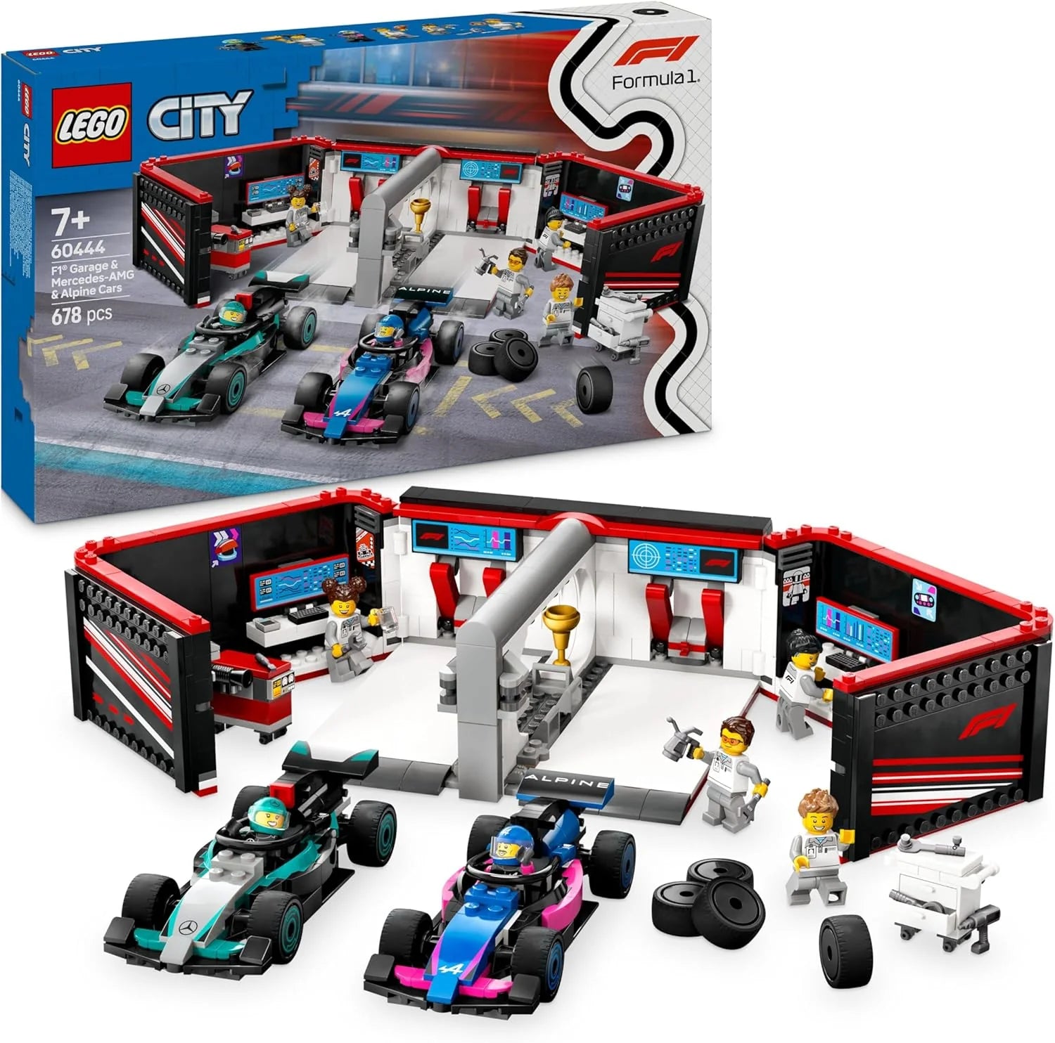 LEGO City F1 Garage  Mercedes-AMG  Alpine Racing Cars Lekset, Byggsats med 2 modellracerbilar, 6 minifigurer med 2 förare och 4 mekaniker, Rolig present till racingfans från 7 år, 6044