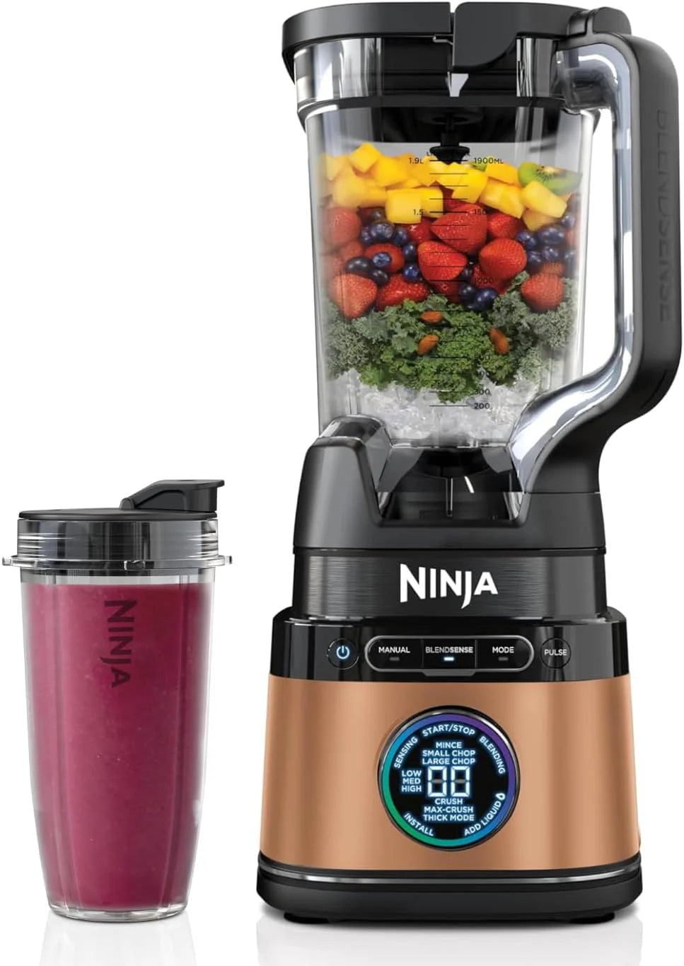 Ninja Detect Power Mixer Pro 1200W med 2L kanna (1900ml max vätskekapacitet), kraftfull mixer för att mixa smoothies, hacka grönsaker och mixa frysta drycker, svart, TB201EU(2-in-1 Mixer Copper/Black  Copper)
