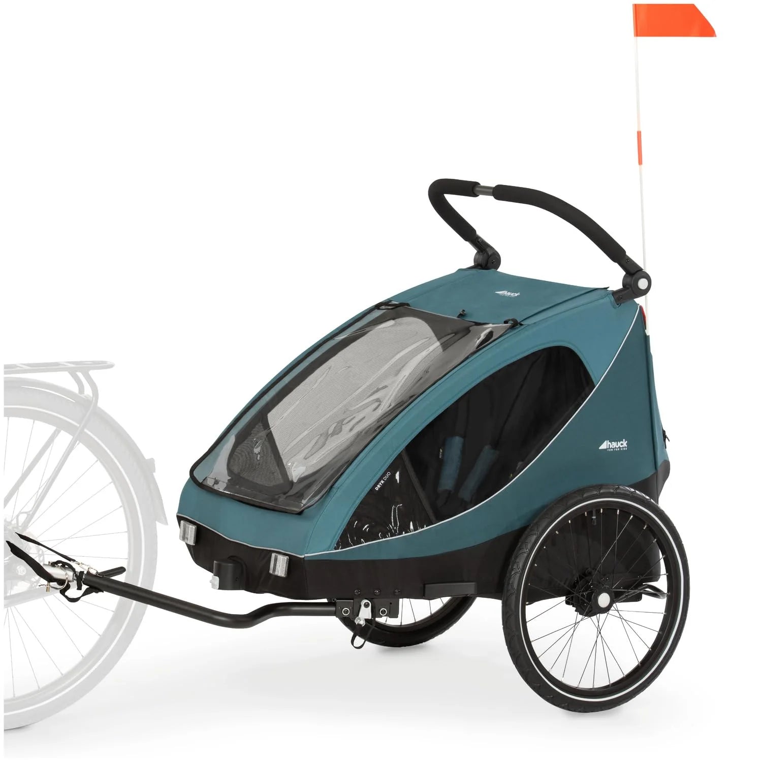 hauck Fahrradanhänger  Kinderwagen Dryk Duo Plus mit Federung, für 2 Kinder (6-48 Monate), inkl. Deichsel, Buggyrad, Fahne und LED Licht, Faltbar, Höhenverstellbar, XL Kofferaum (Dark Green)(Ocean Green/Dryk Duo)