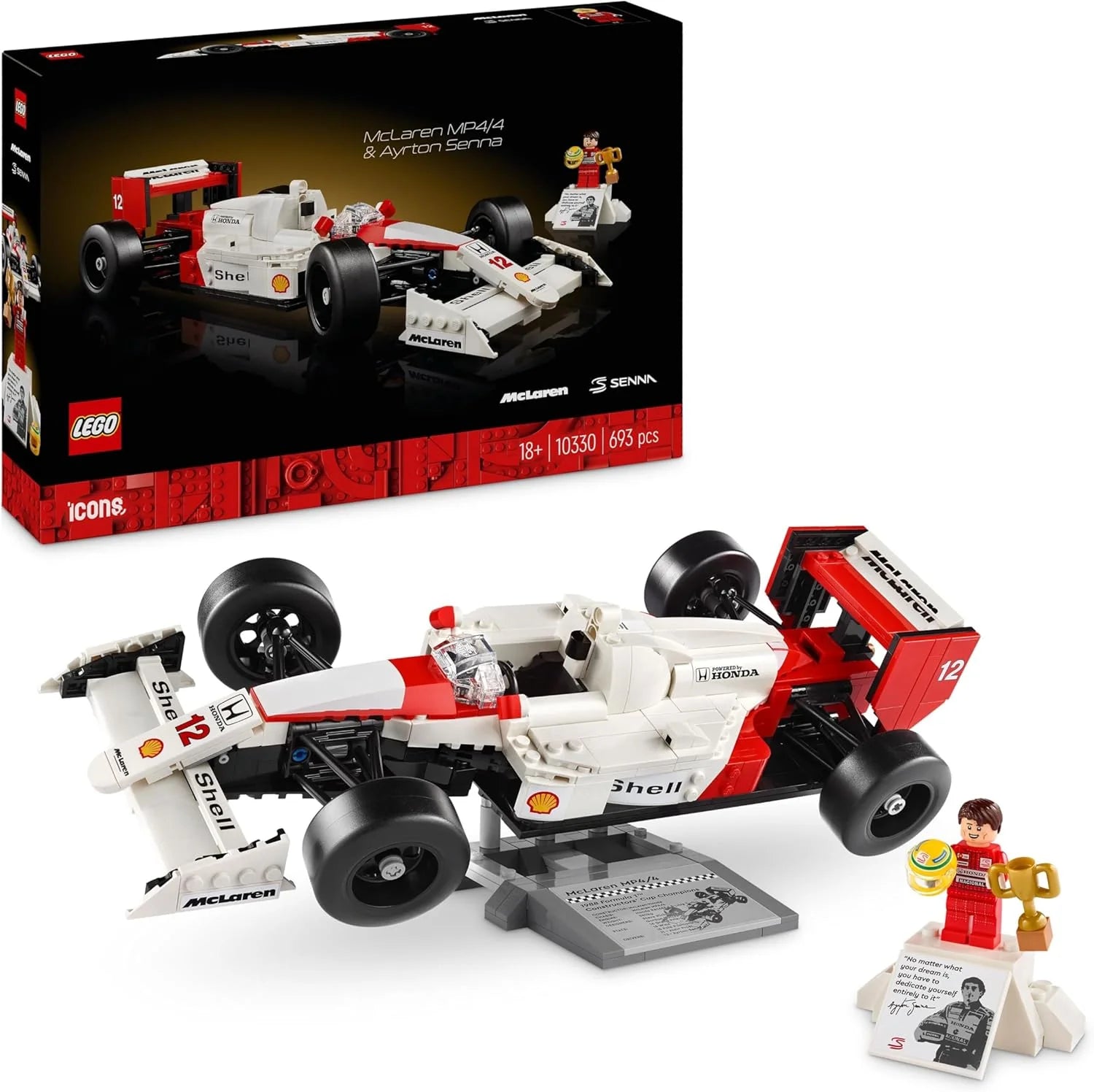 LEGO Icons McLaren MP4/4  Ayrton Senna minifigur, rumsdekoration för skrivbord, hem och kontor, presentidé till jul eller födelsedag för fans av coola racerbilar, byggsats för vuxna 10330
