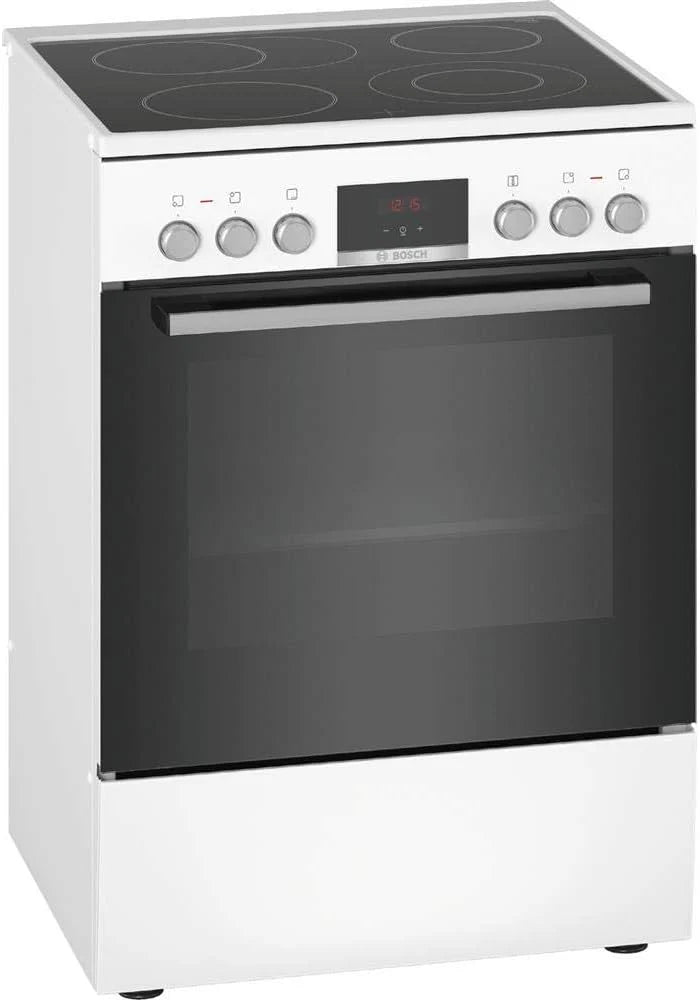 Bosch HKR39C250 Serie 4 Elektro-Standherd, 60 cm breit, EcoClean Direct Reinigungshilfe, 3D Heißluft Backen auf 3 Ebenen, LED-Display-Steuerung, erweiterbare Kochzone für großes Kochgeschirr(Weiß/Serie 4)