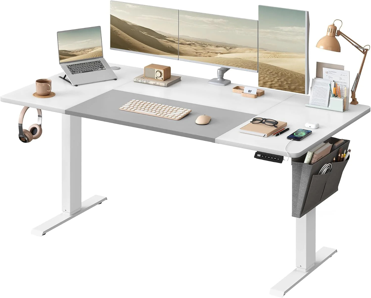 SONGMICS Elektriskt sittande/stående skrivbord, höjdjusterbart skrivbord, 140 x 60 x (72-120) cm, 4 minneshöjder, förvaringsfodral för kontor, rustikt brunt och bläcksvart LSD134K01(160 x 70 cm/Basic White + Dove Grey)