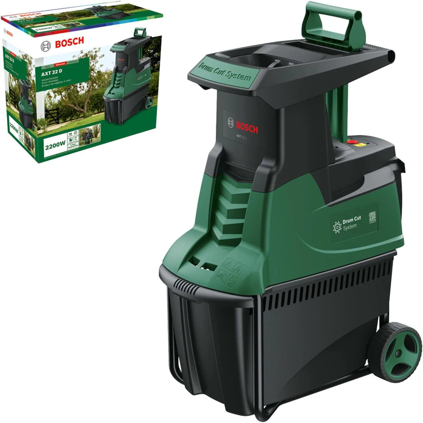 Bosch Turbinenhäcksler AXT 25 TC (2.500 W; geeignet für Holz und harte Gartenabfälle; inklusive Gartenhandschuhe; integrierte Fangbox 53 l; in Karton) –   Edition(Neues Design | Classic Green/AXT 22 D I Leisehäcksler)