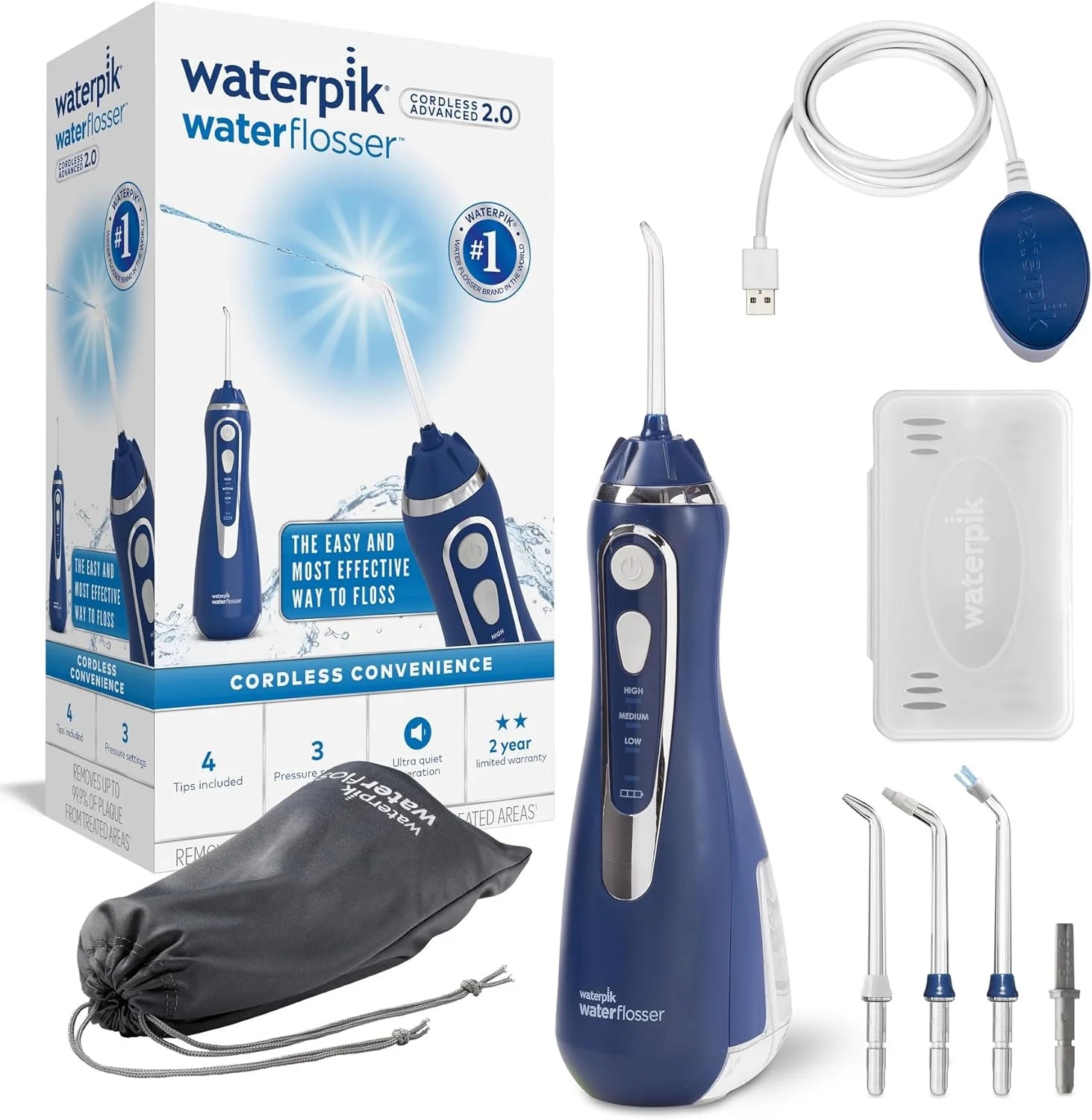 Waterpik sladdlös avancerad vattentandtråd, sladdlös golvdusch med tre vattentrycksinställningar, tar bort plack, perfekt för resor eller mindre badrum, USB-laddare, blå (WP-583EU)(NEW - WP-583/Bule)