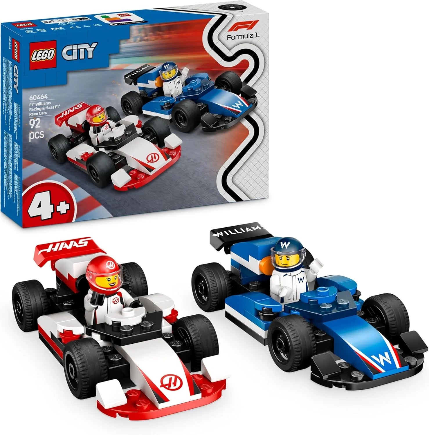 LEGO City F1 Williams Racing  Haas F1 Racing Cars Fordonslekset, 2 bilmodeller och minifigurer, Roliga presenter för barn, Byggset för pojkar, flickor och Formel 1-fans från 4 år 60464