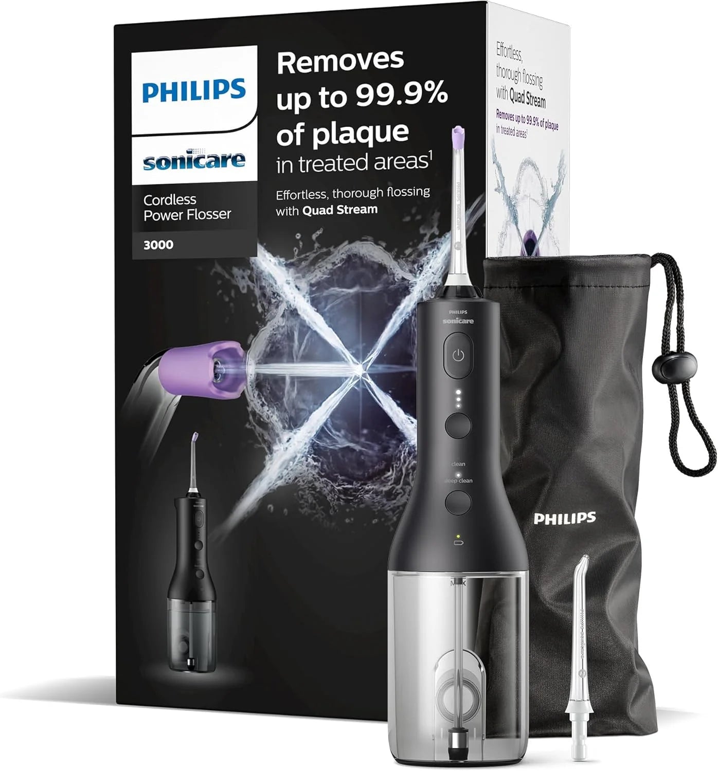 Philips Sonicare trådlös Power Flosser 3000 mundusch, vattenflops för tänder, tandkött och tandvård, i svart (modell HX3826/33)(Black)