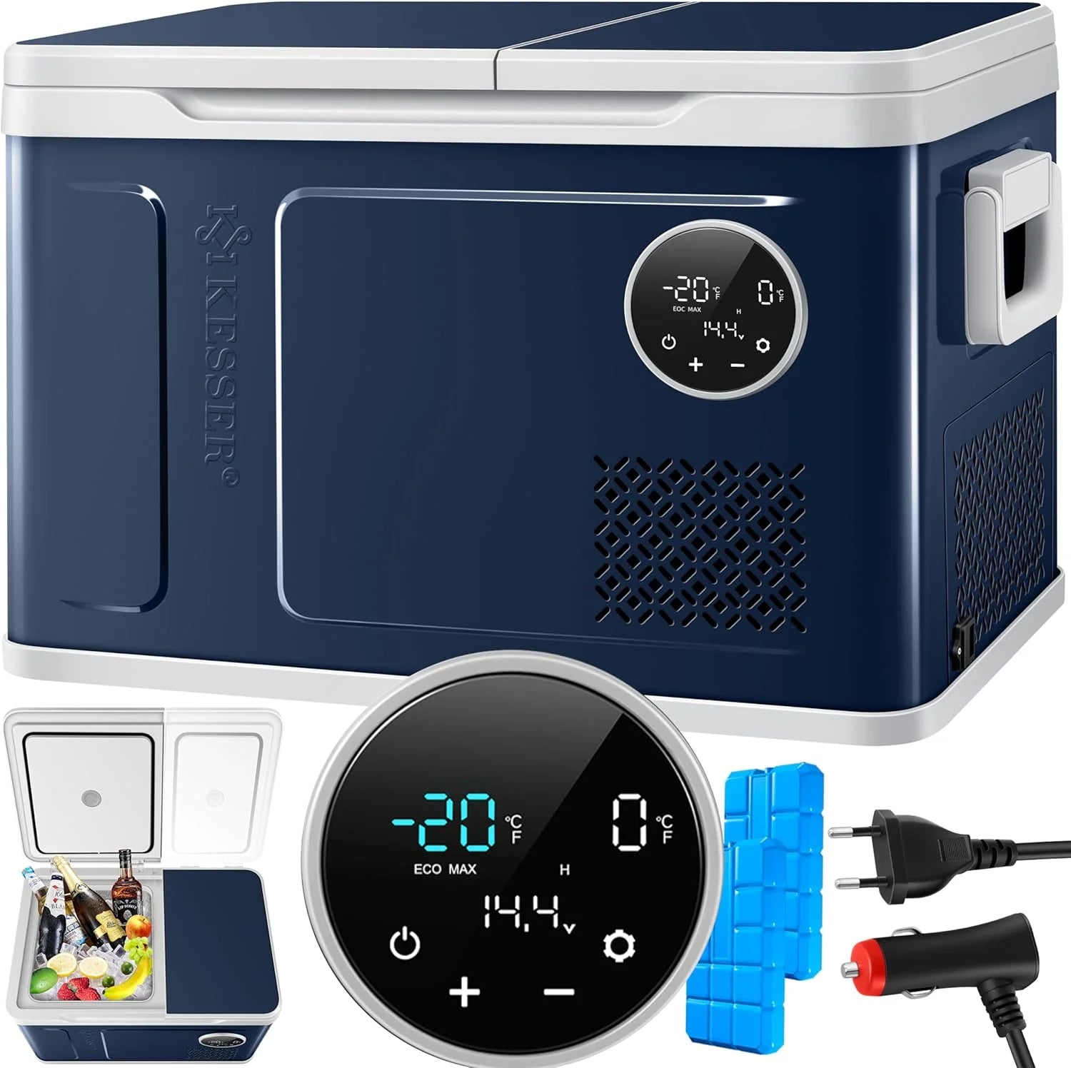 KESSER® Kompressor Kühlbox 2in1 Doppelzone Kühl  Gefrierfach elektrische Gefrierbox mit 2x Kühlakkus  LED-Touch-Bedienung | Kühlschrank Kühlung bis -20 °C für Camping, Auto, Lkw 12/24V 230V(31 Liter/Navyblau / Hellgrau)