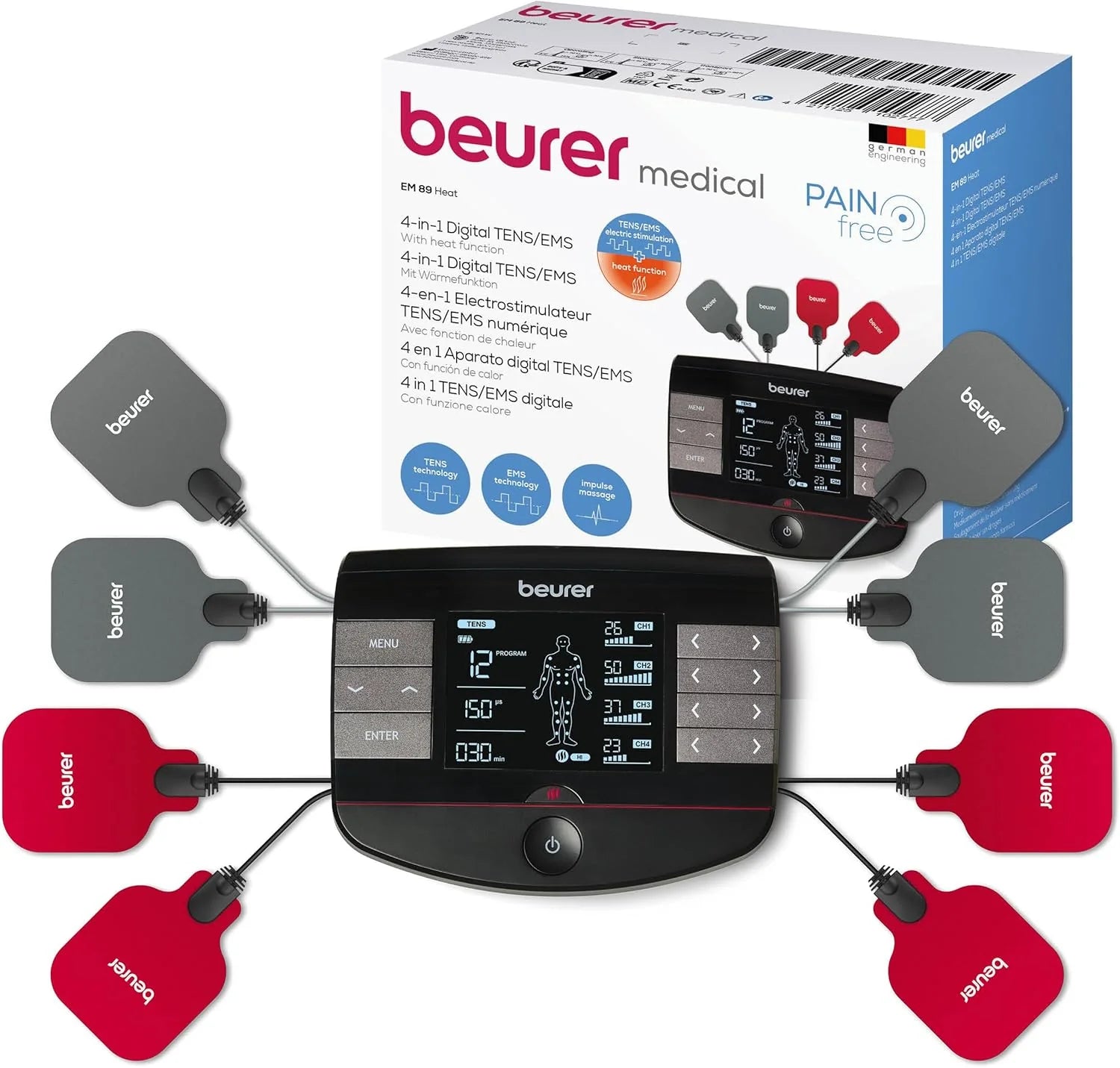 Beurer EM 59 Heat Digital TENS/EMS-apparat 4-i-1-stimuleringsapparat för smärtbehandling, muskelstimulering, massage och värmebehandling med 4 elektroder och batteri(TENS/EMS unit with 8 electrodes + heating function)
