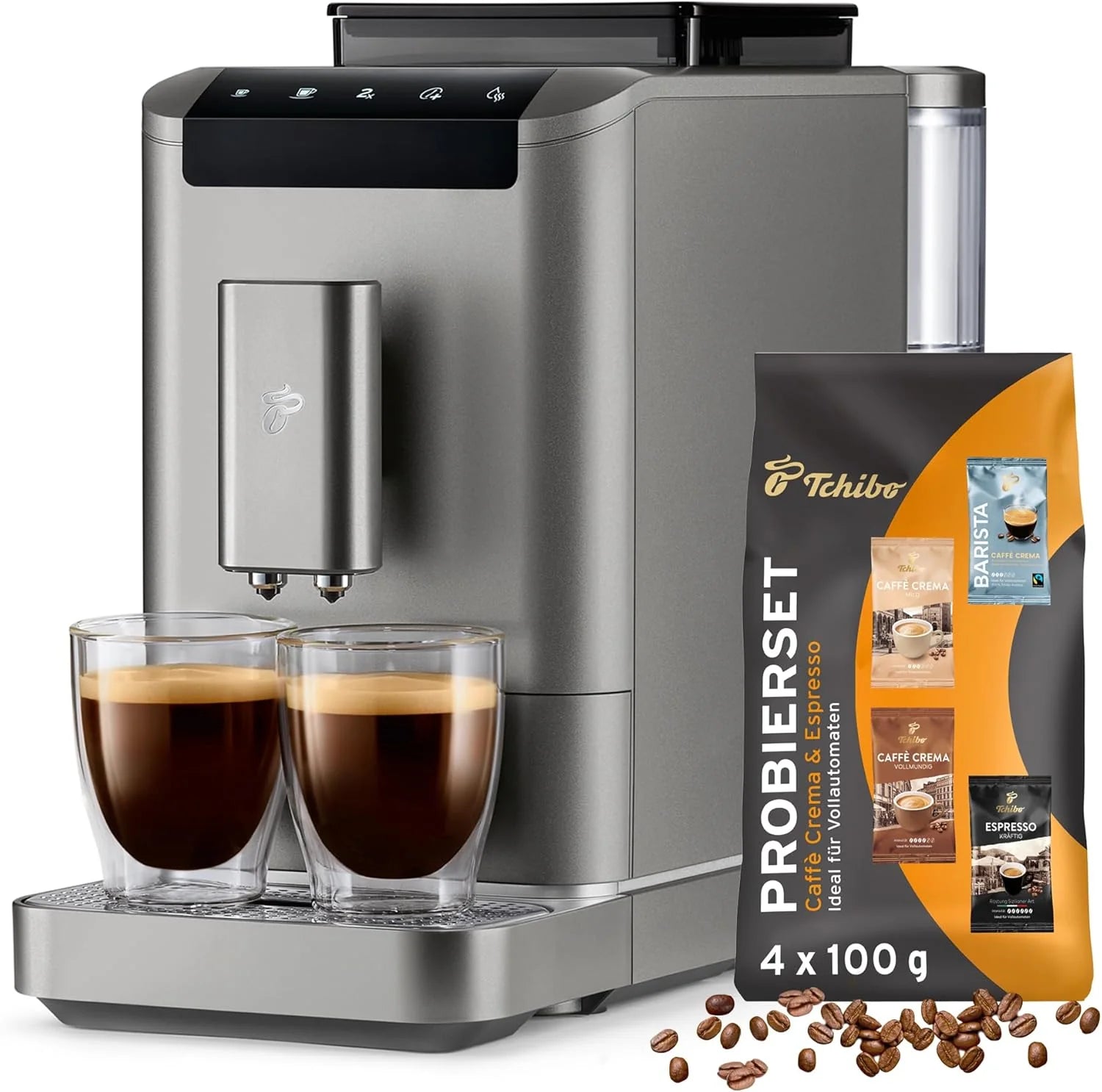 Tchibo Kaffeevollautomat Esperto2 Caffè mit 2-Tassen-Funktion für Caffè Crema und Espresso, Granite Black - INKLUSIVE Kaffeeprobierset GRATIS(Titanium Silver)